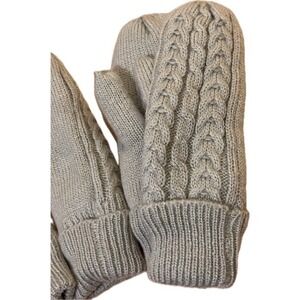 2Pr Grey Chunky Cable Knit Serpa Lined Winter Ski Mittens